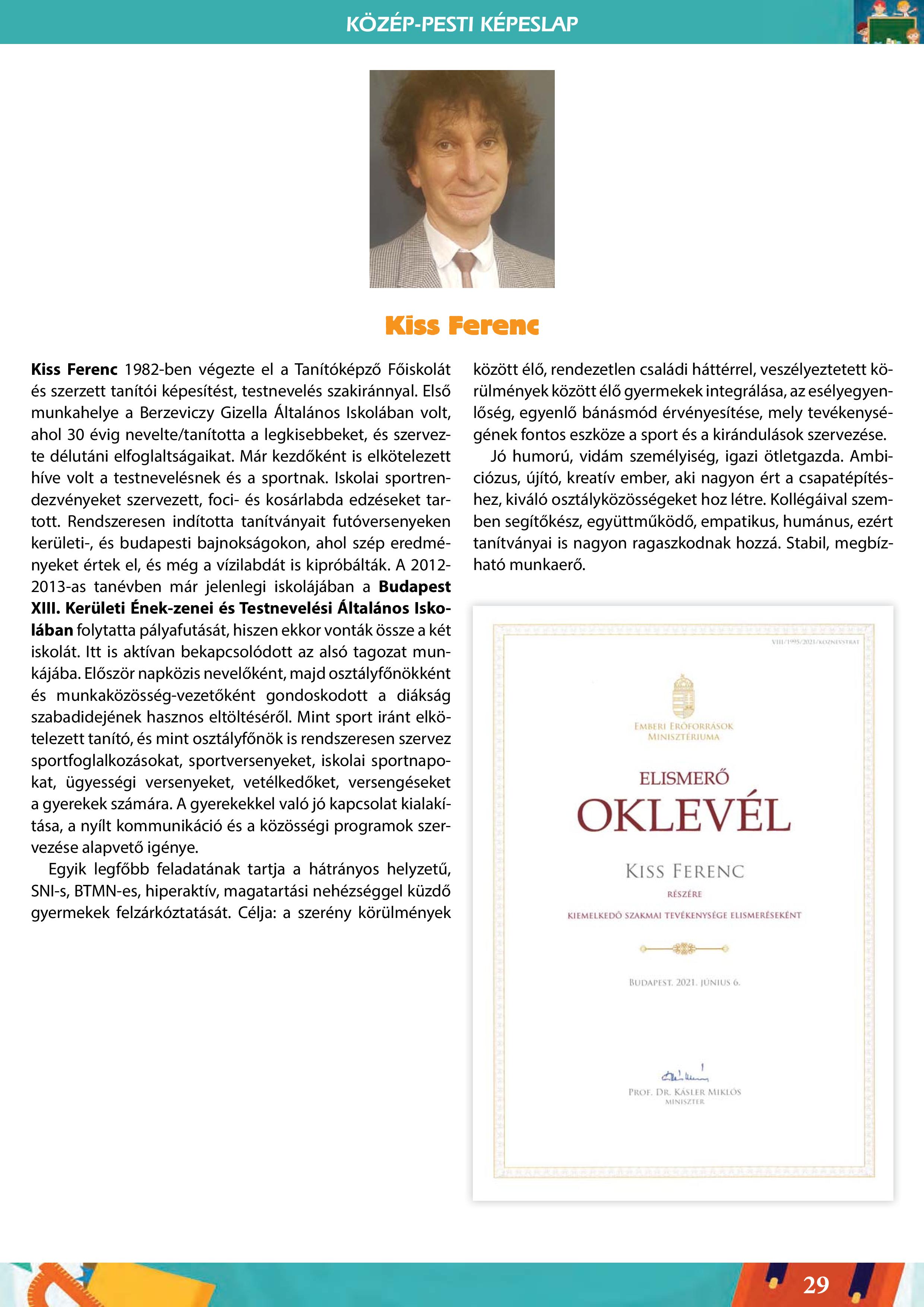 Kiss Ferenc elismerés